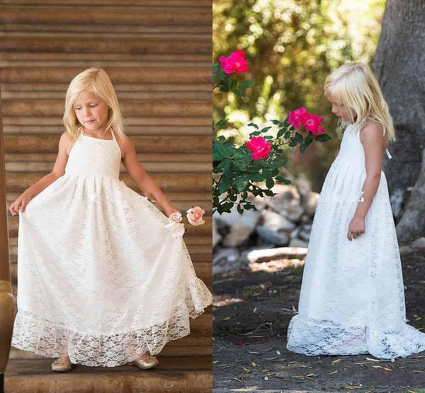 Full Lace Floor Length Flower Girls Dresses For Beach Summer Halter Neck A Line Girls Birthday Princess Party Gown First Communion Dres