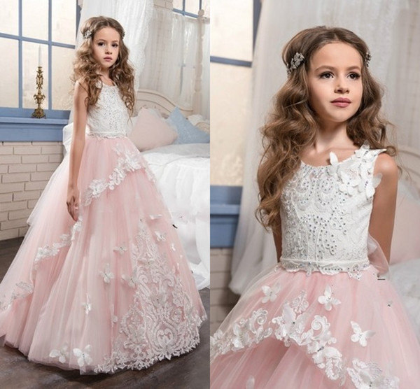 Sweet Blush Pink Ball Gown Kids Formal Evening Gown 3D-Flora For Communion Lace Appliques Sweep Train Flower Girls Dresses For Weddings