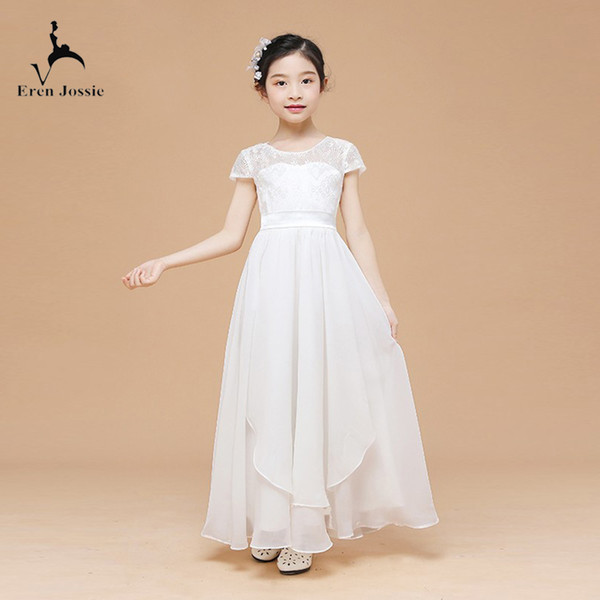 Eren Jossie Short Sleeve Design Ankle Length Ivory Organza Flower Girl Dress Zip Back Lace Bodice