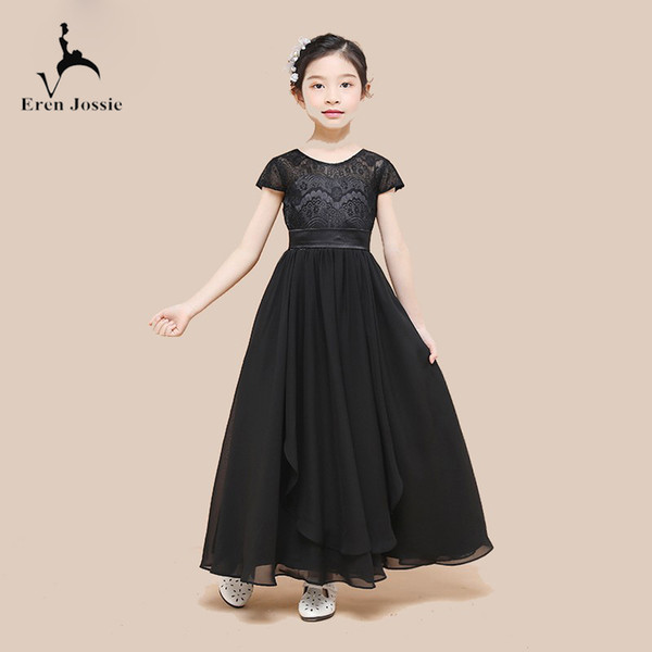 Eren Jossie Elegant Black Chiffon Girls Performance Dress Birthday Party Dress with Lace Cap Sleeve Style