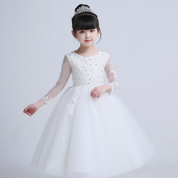 New Style 3/4 Sleeve White Tulle Ball Girl's Dress With Lace Flowers PJewel Neck Beautiful Children Dress White Tulle