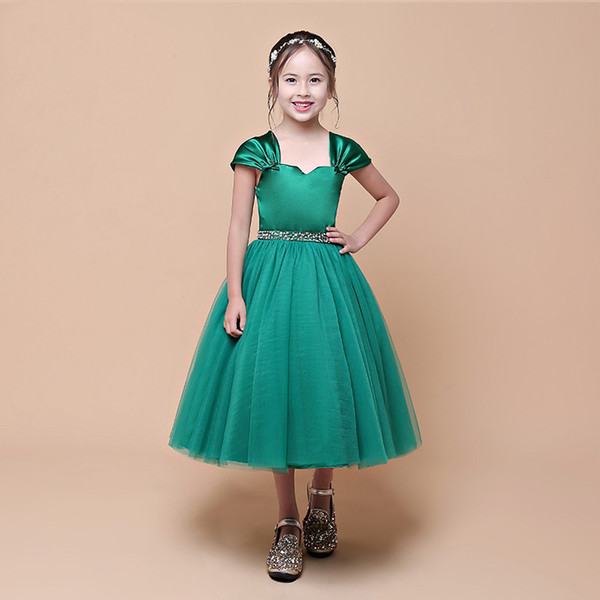 DropCap Sleeve Lovely Girls' Dresses Tea Length Tulle Ball Gown New Style With Beaded Belt Good Quality Hunter Green Dress Child