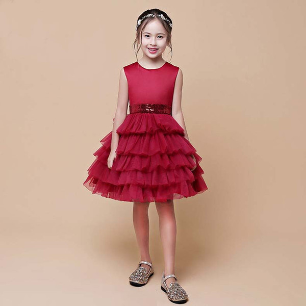 Lovely Flower Girls Dress Burgundy Sequined Belt Knee Length Birthday Party Little Queen Dress Gown