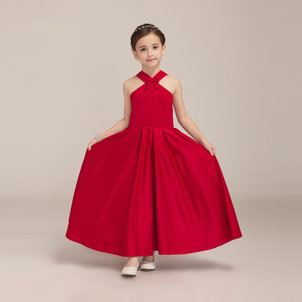 Simple Design Ankle Length Flower Girls' Dress Red Halter Neck Good Quality Party Children Dress