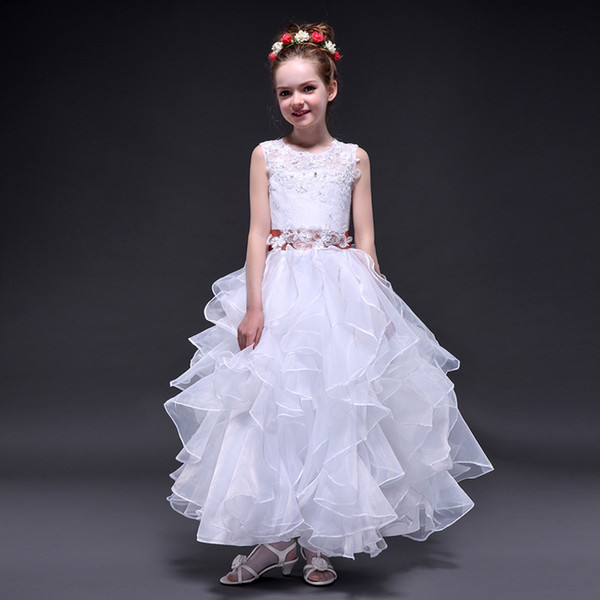 Latest Puffy Organza Ball Skirt Lovely Girls Wedding Dress O-neck With Lace Appliques 2017 Good Quality