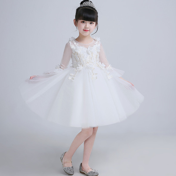 Beautiful Sleeves Design White Tulle Knee Length Ball Gown Beautiful Girls' Dresses With Lace Appliques Party Dress Like Angle