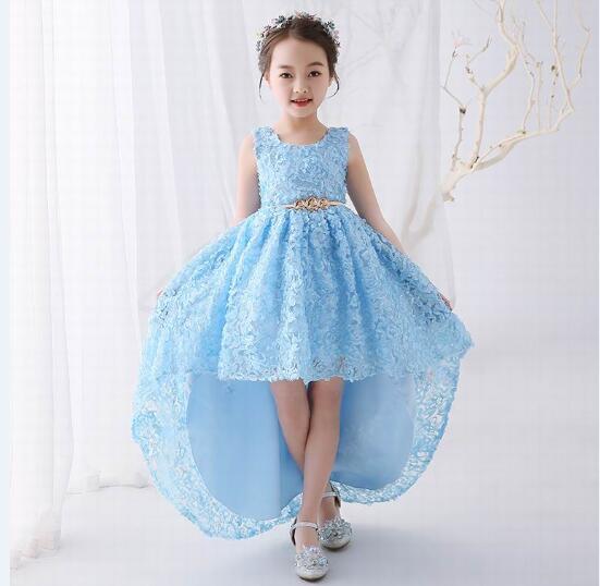 New Style Little Girl's Pageant Dress High-Low Design Party Children Dress With Flowers Beautiful Lace