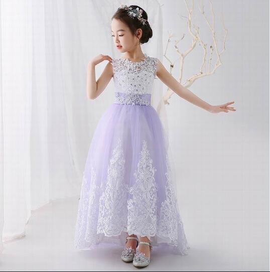 Jewel Neckline Sleeveless Little Girl's Pageant Dress Lavender Tulle Party Children Dress With Lace Flowers Beautiful