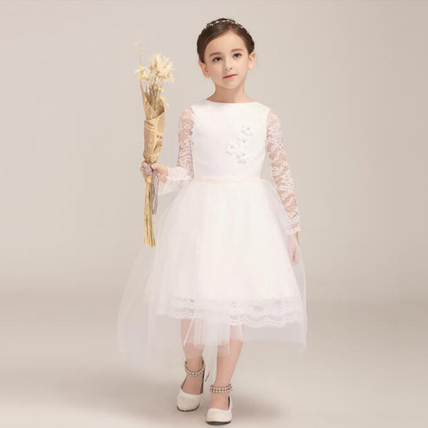 Pretty Girls' Wedding Party Dress Long Sleeves Tea Length Ball Gown Lace Design New Style Flower Dress Children