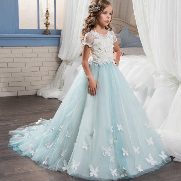 Beautiful Design Sweep Train Flower Girls Dress Short Sleeve A-line Gown Birthday Party Teenagers Dress Pageant