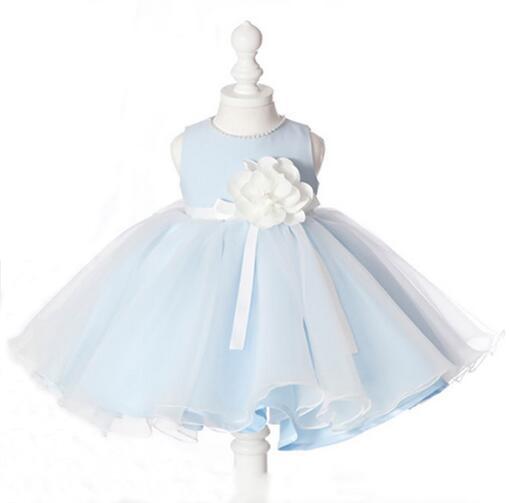 Real Made Summer Collection Short Flower Girl Dress With Handmade Flower O-Neck Light Blue Ball Gown Party Child Dress