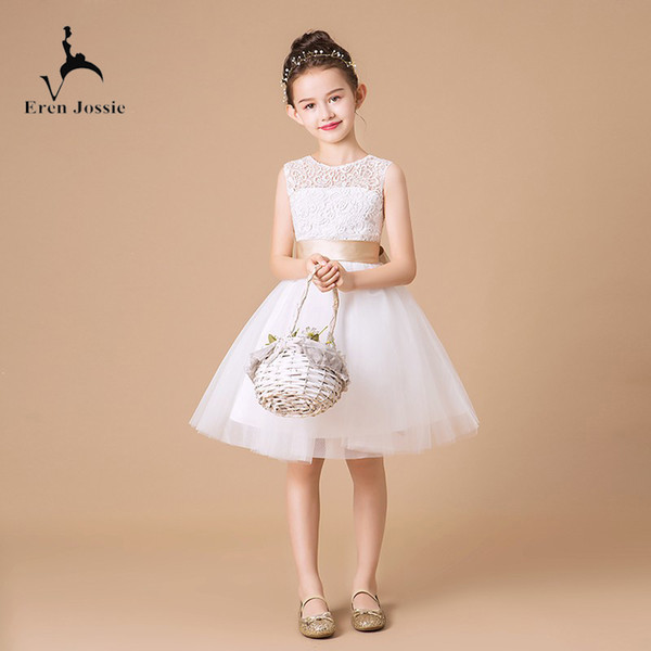 Eren Jossie White Tulle Knee Length Girl Dress For Weddings With Sash Summer Promotion Style Professional Design