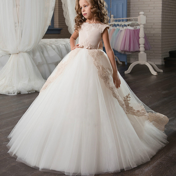 Cap Sleeve Style Tulle Ball Gown Flower Girls' Dresses With Bow Tie Floor Length Zip Back