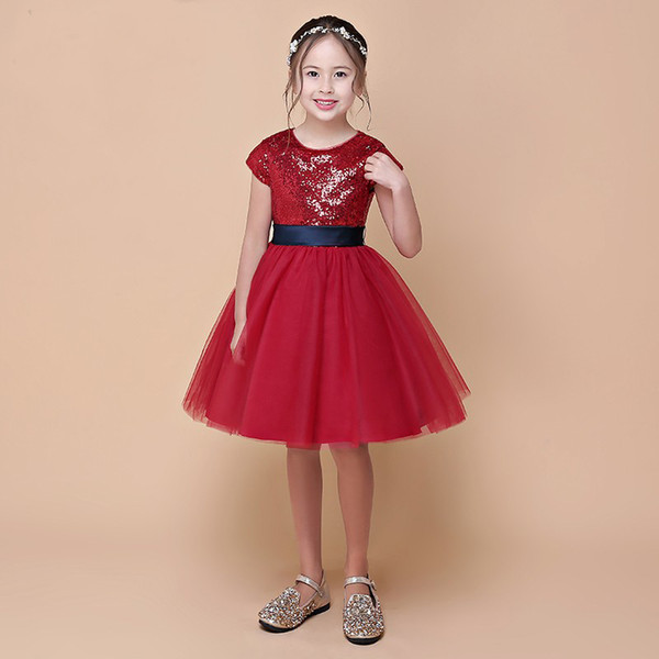 Latest Style Short Sleeve Red Tulle Girls' Party Dress Sequins Fabric Top Knee Length Children Pageant Gown With Sash