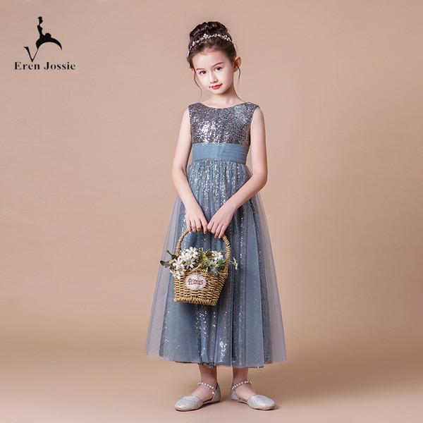 Eren Jossie Hot Selling Gray Sequins Tea Length Little Queen Birthday Party Dress Pageant Gown New Collection