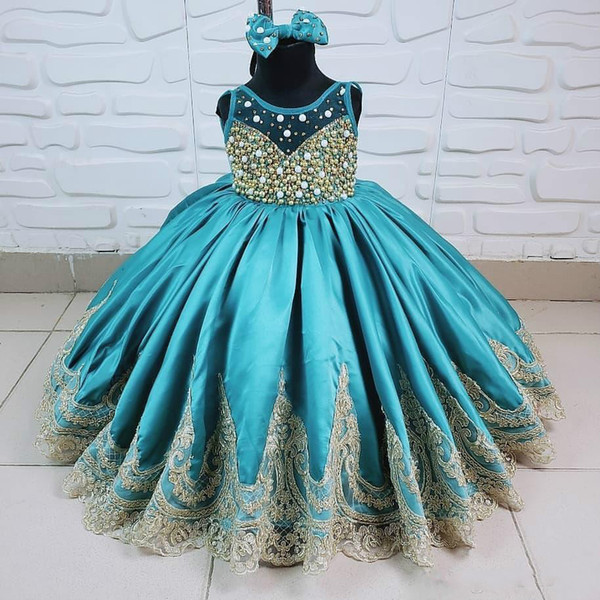 Cute Ball Gown Lace Flower Girl Dresses For Wedding Jewel Neck Beaded Pearls Toddler Pageant Gowns Floor Length Satin Kids Prom Dress