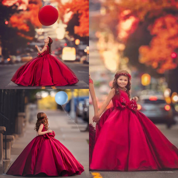 Red Girls Pageant Dresses Jewel Neck Bow Sleeveless Ball Gown Flower Girl Dress For Wedding Custom Made Satin Kids Formal Gown