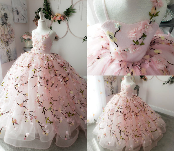 Pink Ball Gown Flower Girl Dresses Lace Floral Appliqued Spaghetti Kids Pageant Dress Custom Made Girls Birthday Party Gowns