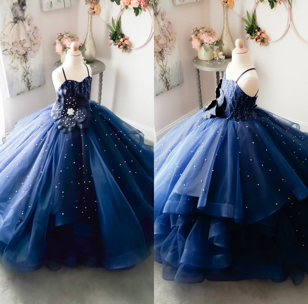 Navy Little Girls Pageant Dresses Lace Pearls Handmade Flower Ball Gown Flower Girl Dress for Wedding Party Gowns Princess Wear