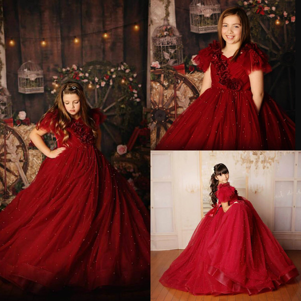 Plus Size Ball Gown Flower Girl Dresses Lace Handmade Flower V Neck Pearls Kids Pageant Dress Sweep Train Girls Birthday Party Gowns