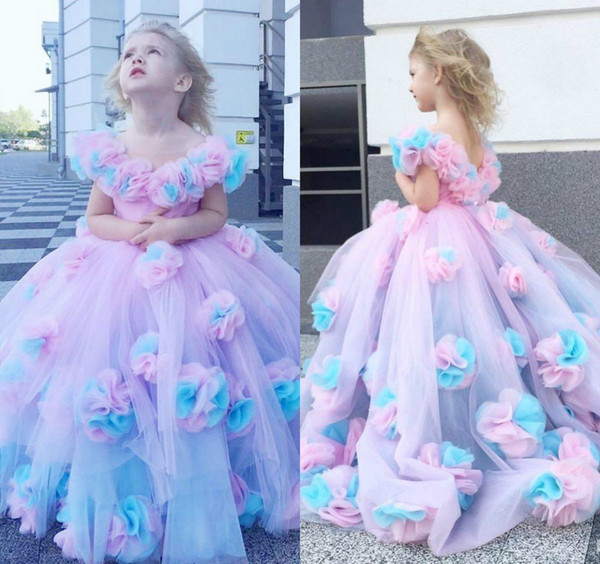 Rainbow Ball Gown Flower Girl Dresses For Wedding 3D Flowers Girls Pageant Gowns V Neck Sweep Train Tulle First Communion Dress