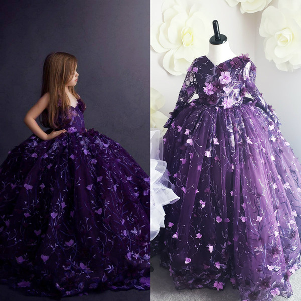 Deep Purple Girls Pageant Dresses V Neck Lace 3D Floral Appliques Ball Gown Flower Girl Dress For Wedding Custom Made Detachable Sleeves