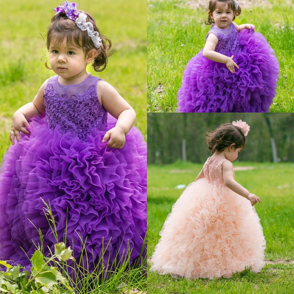 New Girls Pageant Dresses Purple Pink Toddler Sheer Crew Neck Lace Appliques Ball Gown Princess Cute Baby Girls Flower Girl Dress