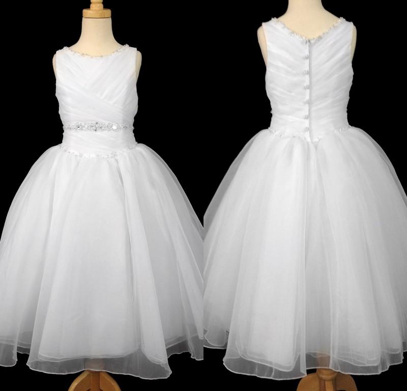 Flower Girl Dresses Ball Gown Jewel Pleats Beads Crystal Floor Length White Organza Kids First Communion Gown Wedding Party Dress DL10937