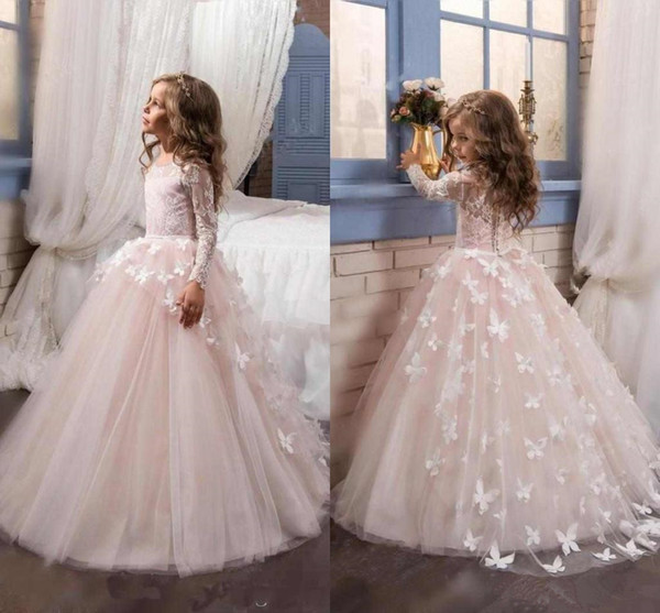 New Princess Pink Long Sleeves Ball Gown Flower Girl Dress Sweep Train Girls First Communion Dress Girls Lace Wedding Party Dresses