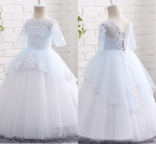 New Flower Girl Dresses Jewel Neck Half Sleeve Appliques Lace Long Ball Gown Little Kids First Communion Pageant Party Dresses