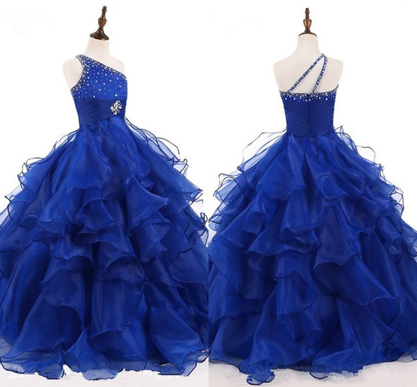 New Royal Blue Flower Girls Dresses Princess One Shoulder Ruffles Organza Beaded Kids Formal Pageant Party Gowns Birthday Dress