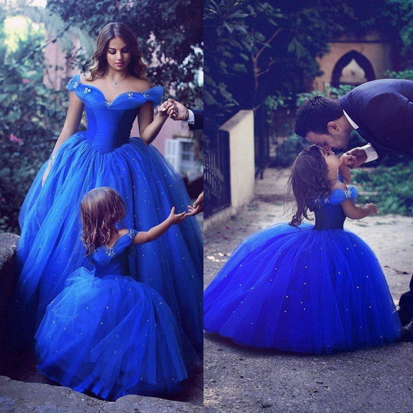 Royal Blue Cinderella Flower Girls Dresses Off Shoulder Little Glitz Girls Pageant Dresses Beads Formal Ball Gown