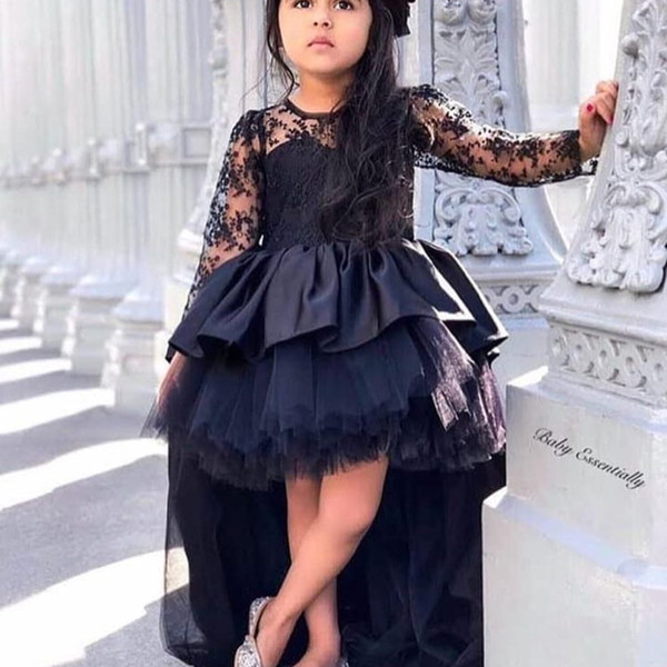 black little girls pageant dresses crew neckline long sleeve high front and low back ruffle satin tulle flower girls dresses kids dress