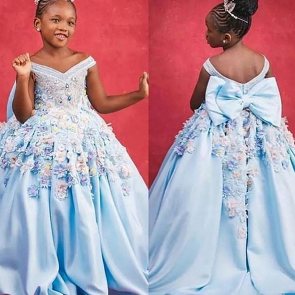 blue little flower girls dress off the shoulder v neck ball gown kids pageant dresses communion dresses 3d flowers dresses