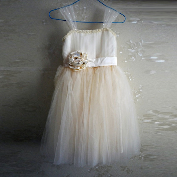 New Flower Girls' Dresses A Line Champagne Child Dresses for Little Girls 3D Flower Soft Tulle Girl Dress with Straps Sequined