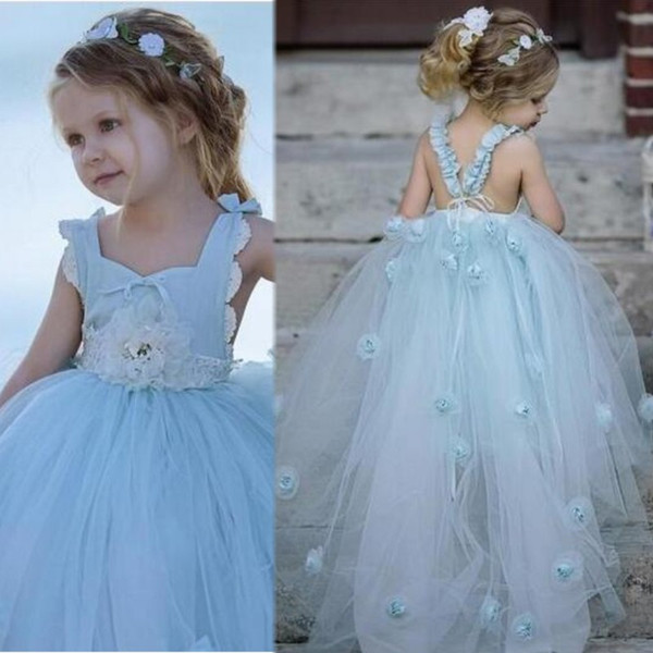 Long Princess Vintage Spaghetti Tulle Flower Girl Dresses Applique Sleeveless Child Baby First Communion Party Dress Beautiful Cheap