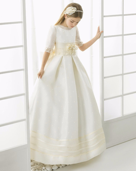 First Communion Dresses For Girls Satin Lace Ball Gown Half Sleeve Flower Girl Dresses For Weddings Girls Pageant Dresses