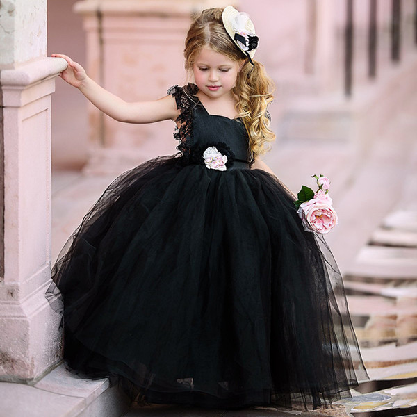 Black Ball Gown Flower Girls Dresses Puffy Tulle lace cap sleeves Open Back Cheap Girls Pageant Dresses for Gothic kid wedding gowns