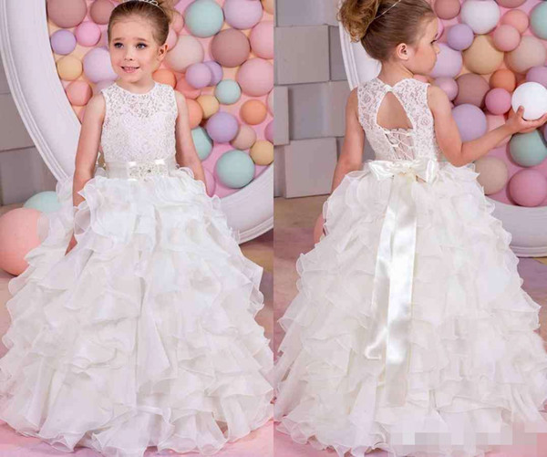 White Ivory Lace Flower Girl Dresses For Weddings Baby Birthday Organza Ruffled Tiered Beaded Bow Belt Kids Party Gowns Pageant Dress