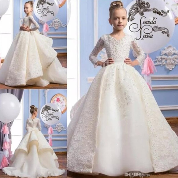 White V-Neck Beading Flower Girls Dresses Long Sleeves Pageant Gowns For Wintter Sweep Train With Bow Tiered With Applique Formal Party Gown