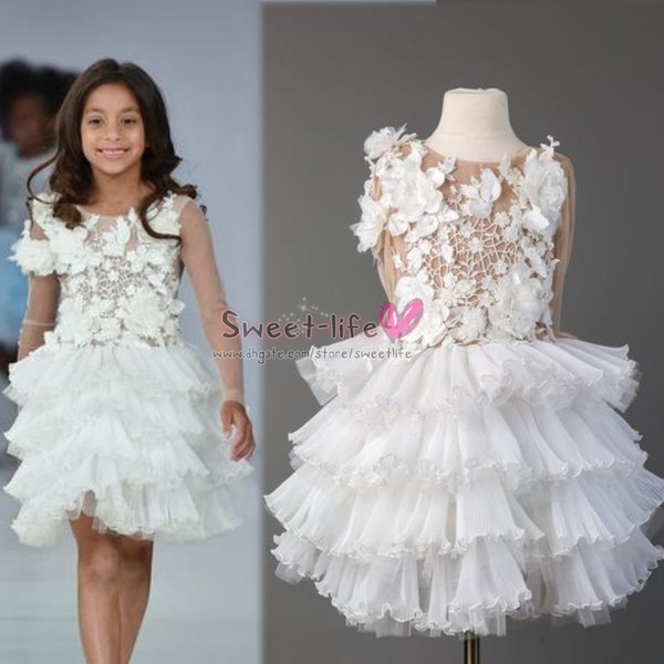 Lovely White Tulle 3D Flowers Applique A-Line Dress Flower Girls Dresses Wedding Formal Party Gowns Tiered Sleeeveless Kids Wear