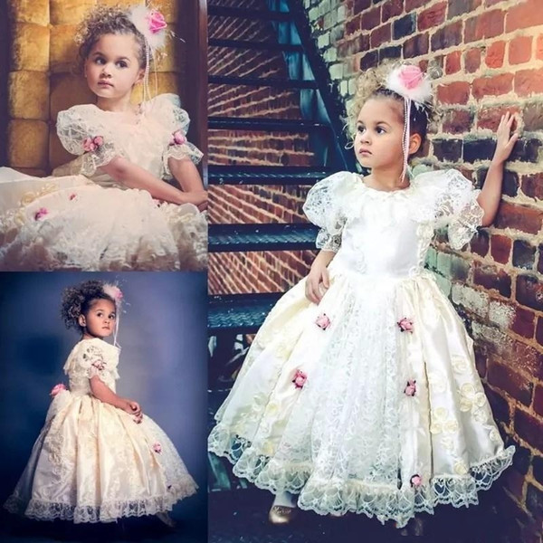 Vintage Flower Girl Dresses For Weddings Short Sleeves Handmade Flowers Lace Girls Pageant Dress Ankle Length Cute Kids Birthday Dress