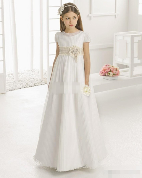 Vintage Flower Girl Dresses for Wedding Empire Waist Short Sleeve Tulle Crew Champagne Lace Sash Cheap Children First Communion Gowns