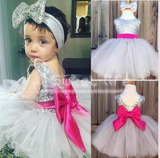 Baby Infant Toddler Birthday Party Dresses Silver Sequins Fuschia Bow Lace Crew Neck Short Tulle Tutu Wedding Flower Girl Dresses 