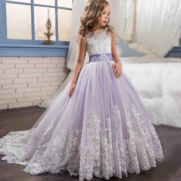 Lovely Lalic Flower Girl Dresses Ball Gown Beaded Appliques Girls Pageant Dress Lace Up Kids Communion Wedding Party Gown