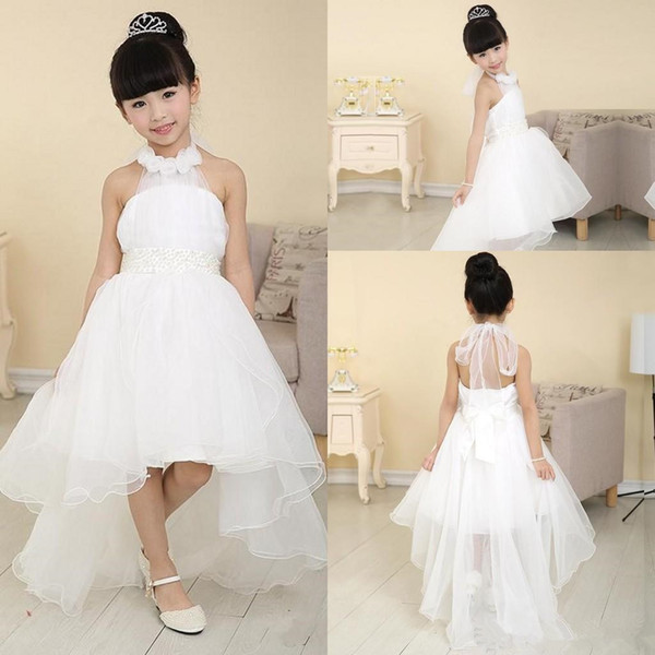Halter Tulle High Low Flower Girl Dresses For Beach Wedding Party Beading A-Line Spring Handmade Flowers Bow Back Formal Pageantl Dress