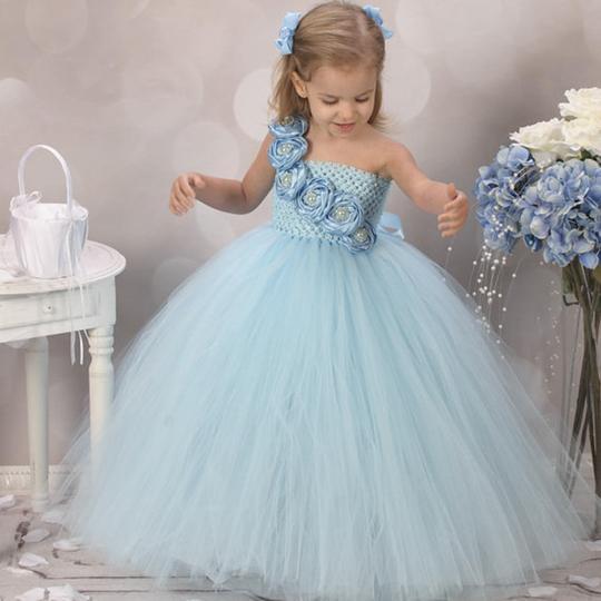 Long Princess Vintage Light Blue One Shoulder Tulle Flower Girl Dresses Applique Bow Sleeveless Child Baby First Communion Party Dress