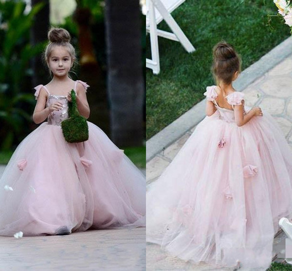 2018 Pink Blush flower girl dress Spaghetti straps junior bridesmaid ball gown kid birthday prom party pageant dress