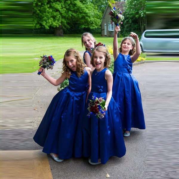 Vestido Longo Royal Blue Flower Girl Dresses Cheap Handmade Flower Cute Taffeta Little Girls Pageant Dress for Wedding