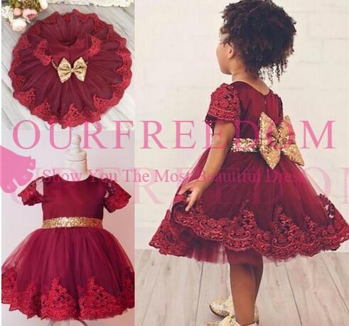 Cute Burgundy Flower Girl Dresses Round Neck Short Sleeves lace appliques Sequins First Communion Dresses Girls Pageant Gown Custom Mad